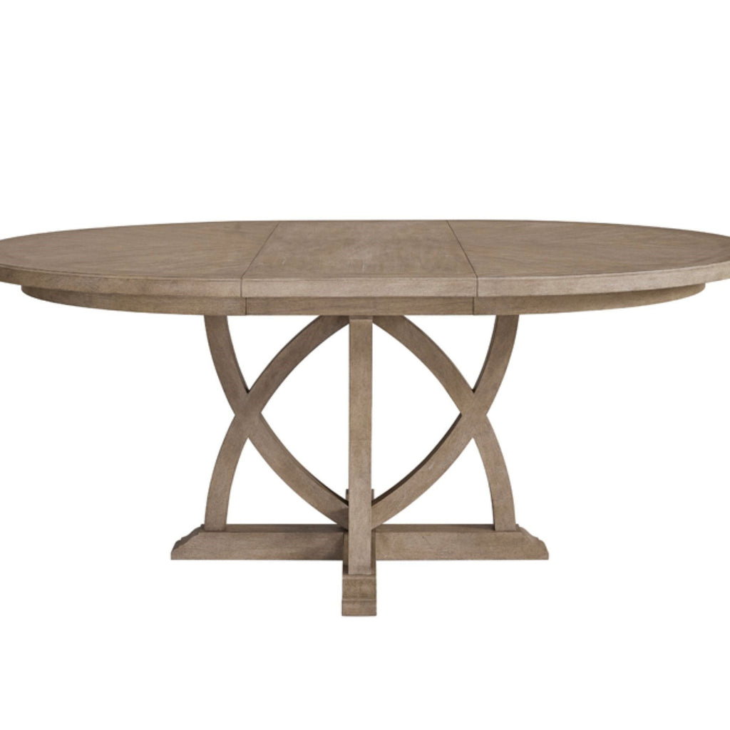 Sand round extendable dining table with pedestal base and X-style support frame
