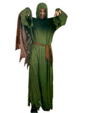 Green hooded zombie costume with belted long robe and jagged sleeves