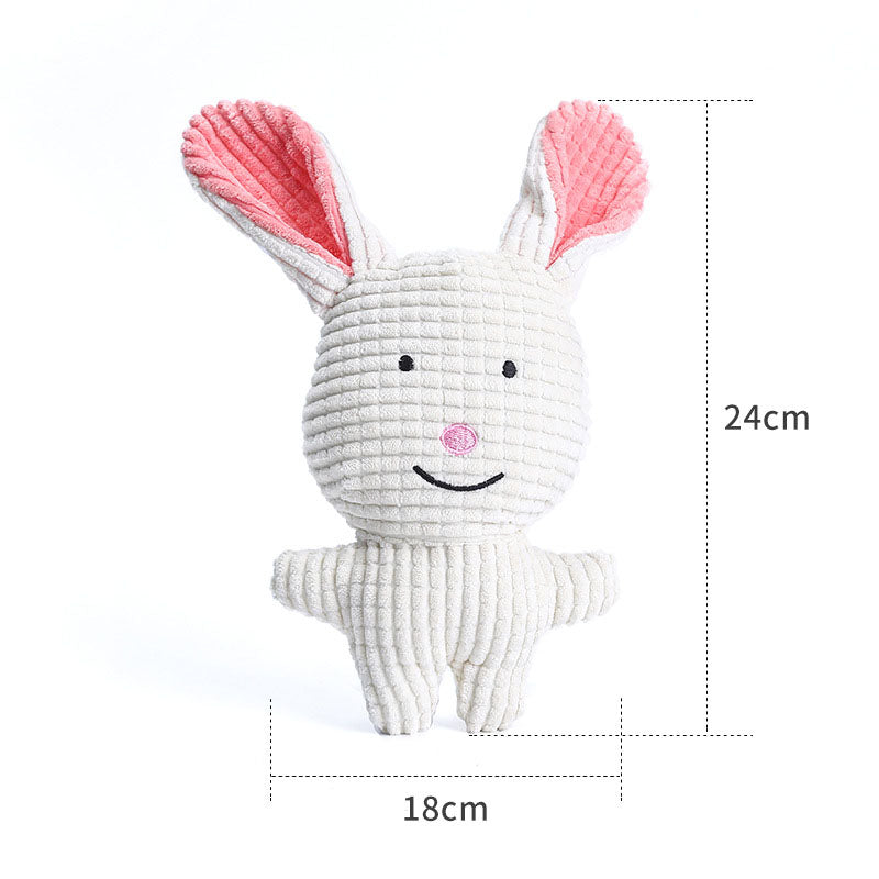 White bunny-shaped plush dog toy with pink nose and stitched smile