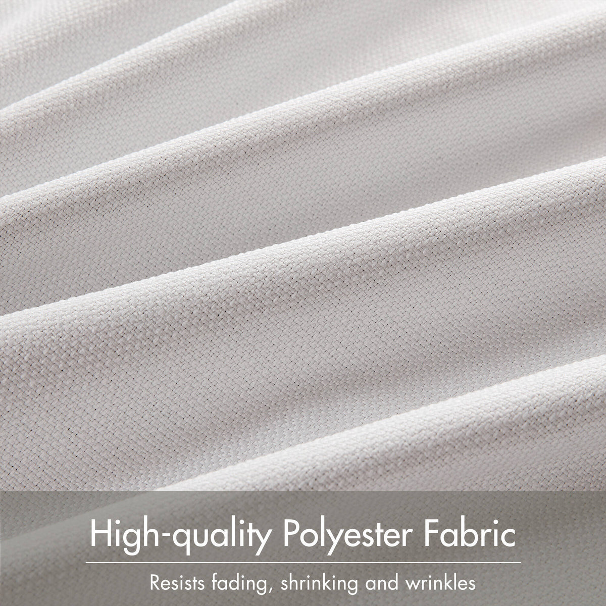 Close-up of white textured polyester curtain fabric with smooth layered surface