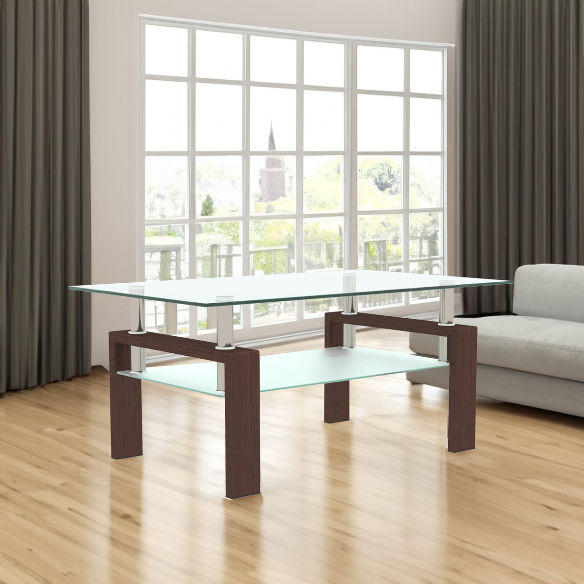 Rectangular clear glass coffee table with walnut wood legs and two-tier glass shelves
