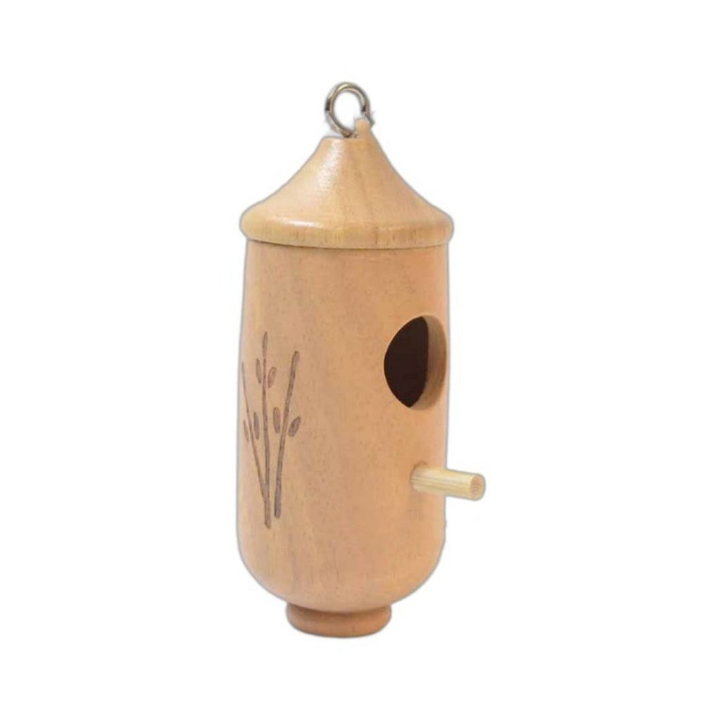 Wooden hanging birdhouse with domed top, round entry hole, and side perch stick.