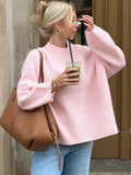 Women’s pink knitted O-neck sweater, long sleeves, loose warm fit