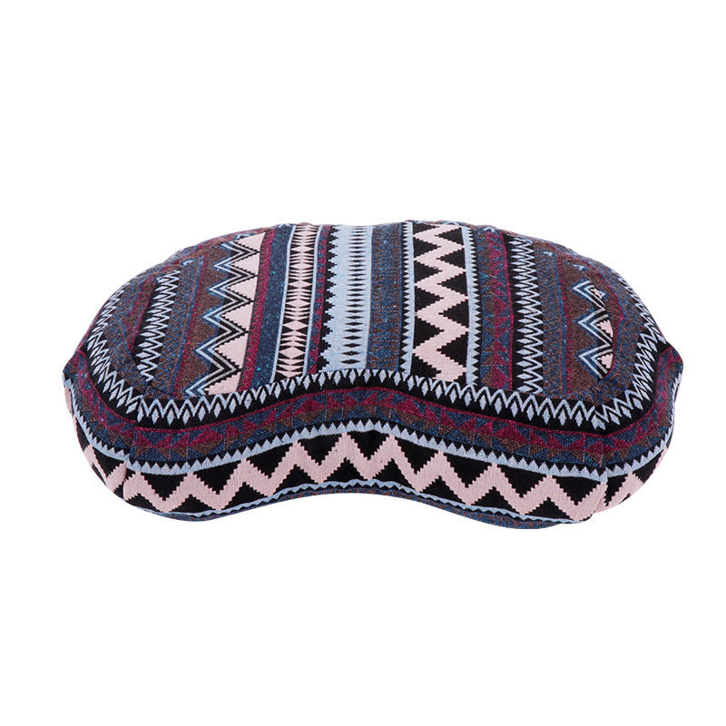 Yoga meditation cushion with striped tribal print, oval seat in navy, burgundy, white, blue