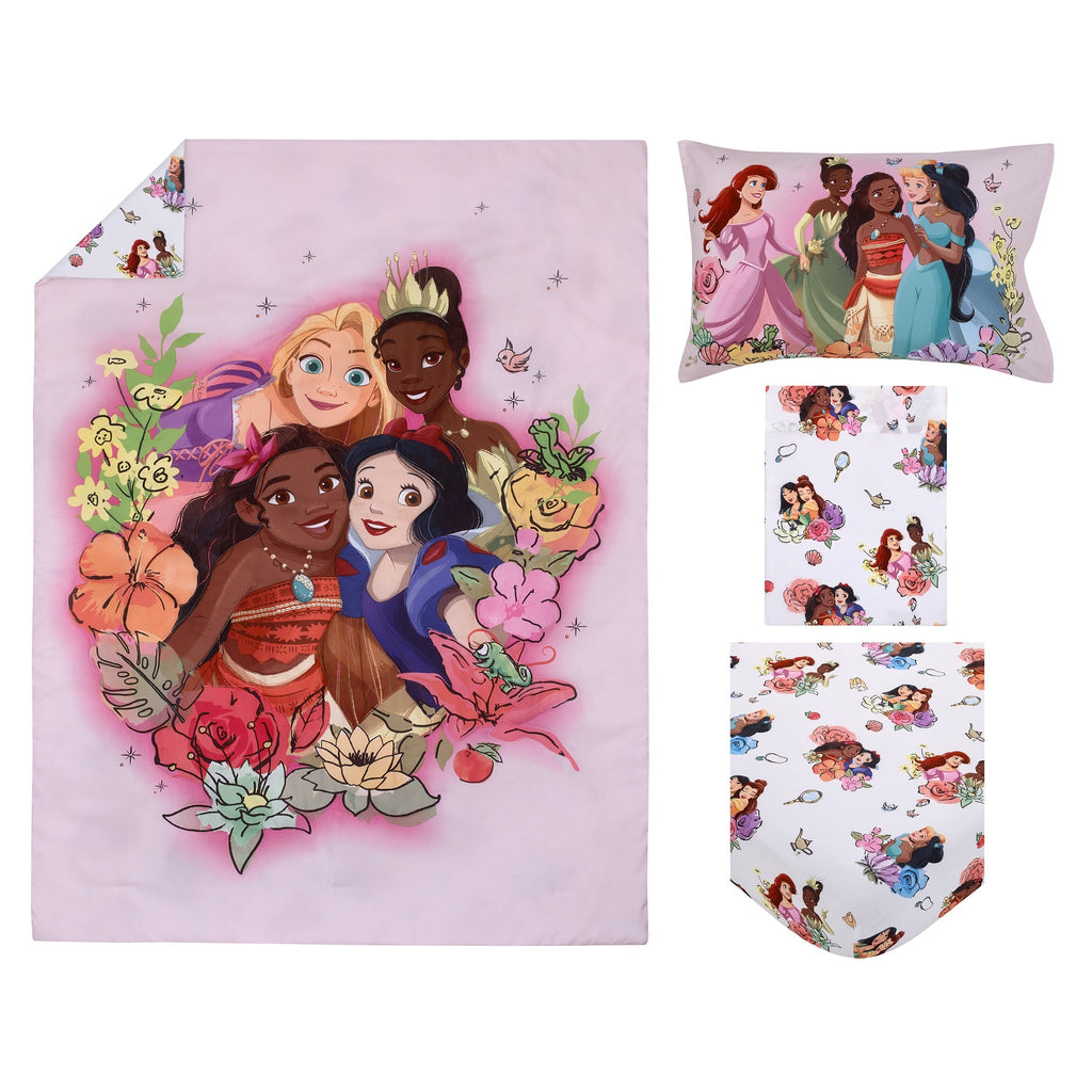 4-piece toddler bed set with princess bedding, comforter, fitted sheet, and pillowcases