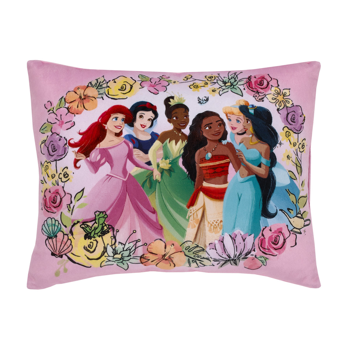 Pink toddler pillow cover with colorful princess scene and floral border