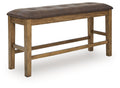 Light brown upholstered bench with dark brown cushion and wood frame, double-rail sides