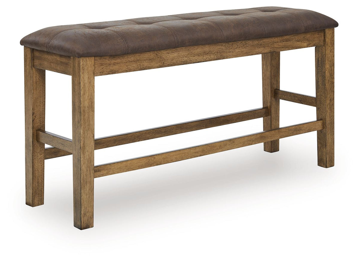 Light brown upholstered bench with dark brown cushion and wood frame, double-rail sides