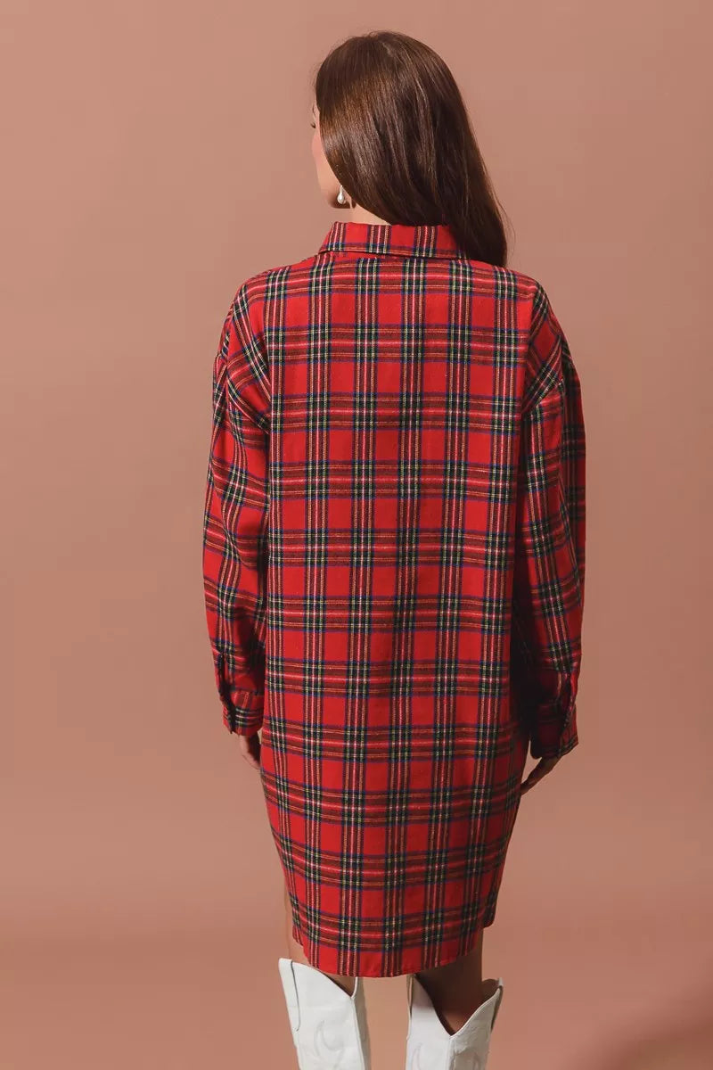 Red plaid button-up shirt dress back view with long sleeves and collar