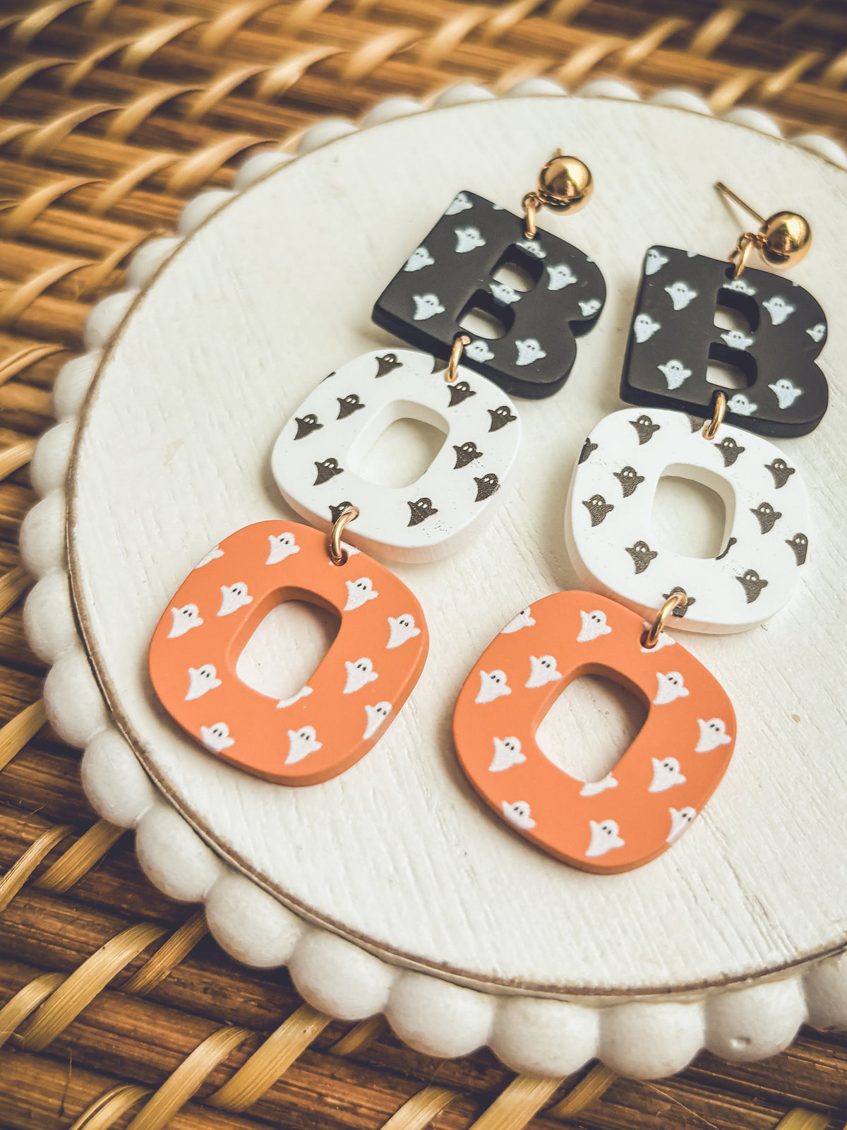 Halloween letter B earrings with orange ring drops and heart-print tiles