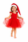 Red sleeveless tulle holiday dress with full skirt and Santa hat