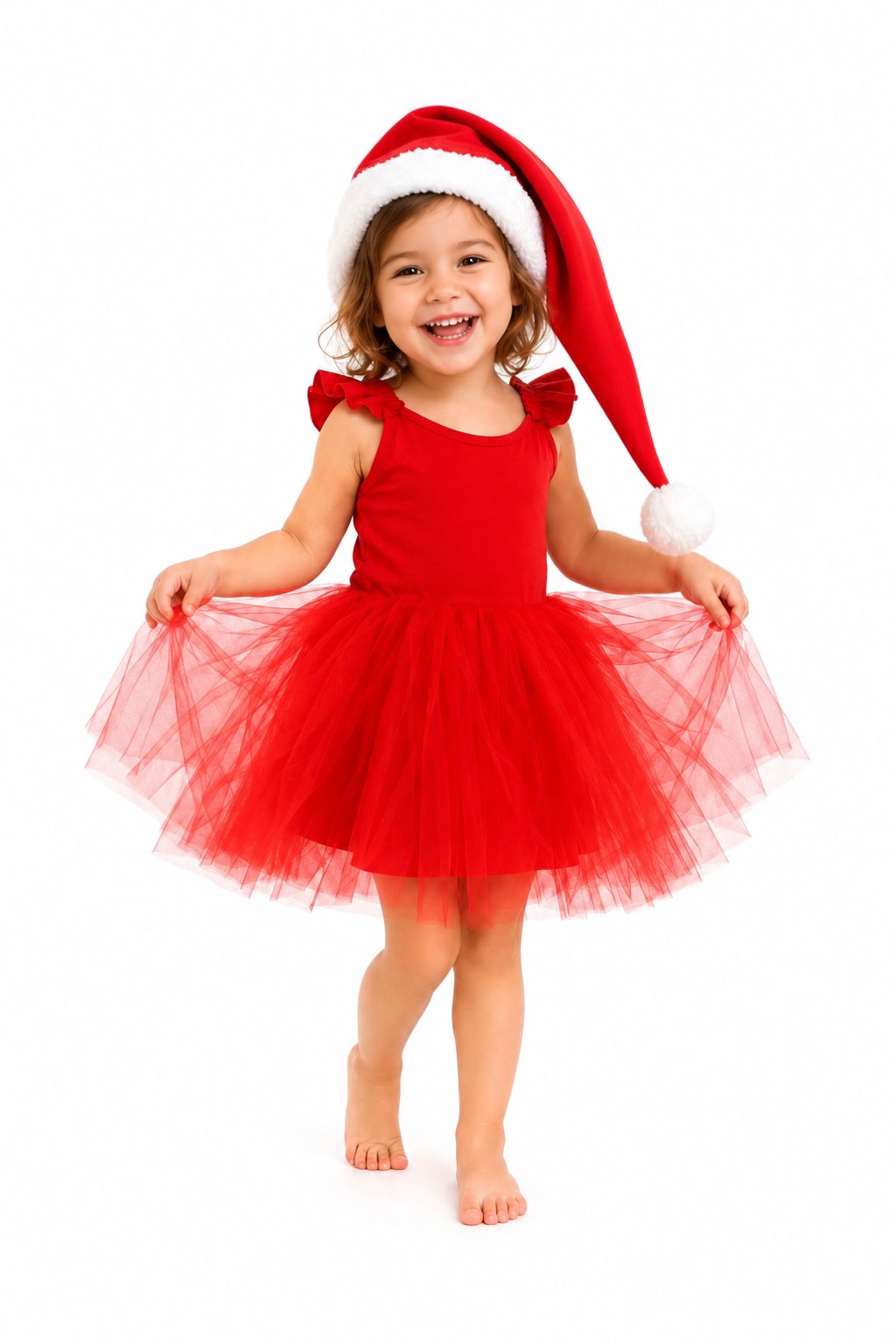 Red sleeveless tulle holiday dress with full skirt and Santa hat