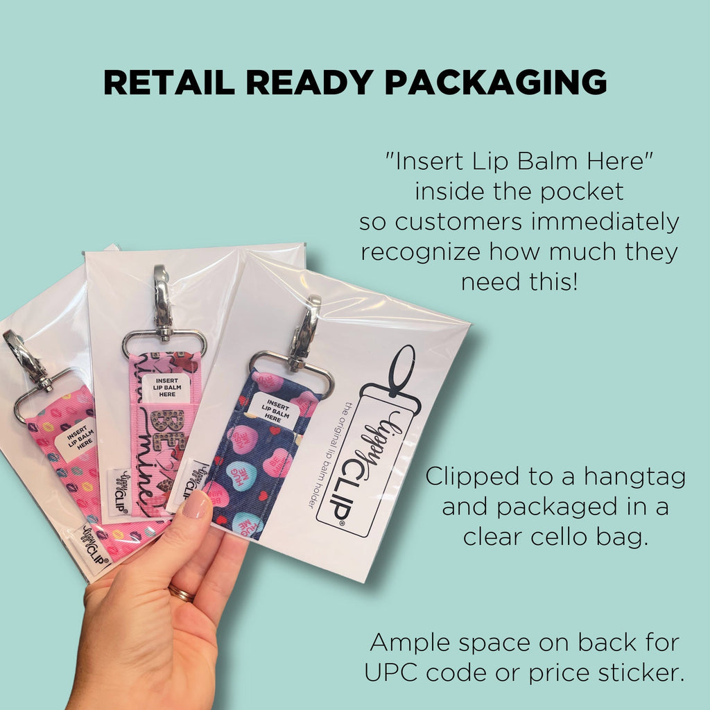 Retail-ready lip balm holder tags in clear cello bags with pocket insert