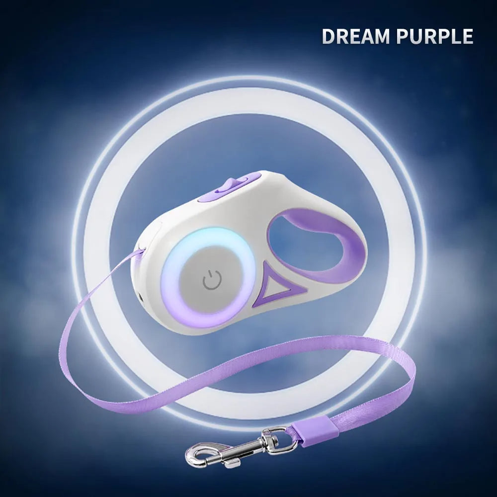 Purple retractable pet leash with belt handle and safety clip, extendable traction rope