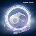 Purple retractable pet leash with belt handle and safety clip, extendable traction rope