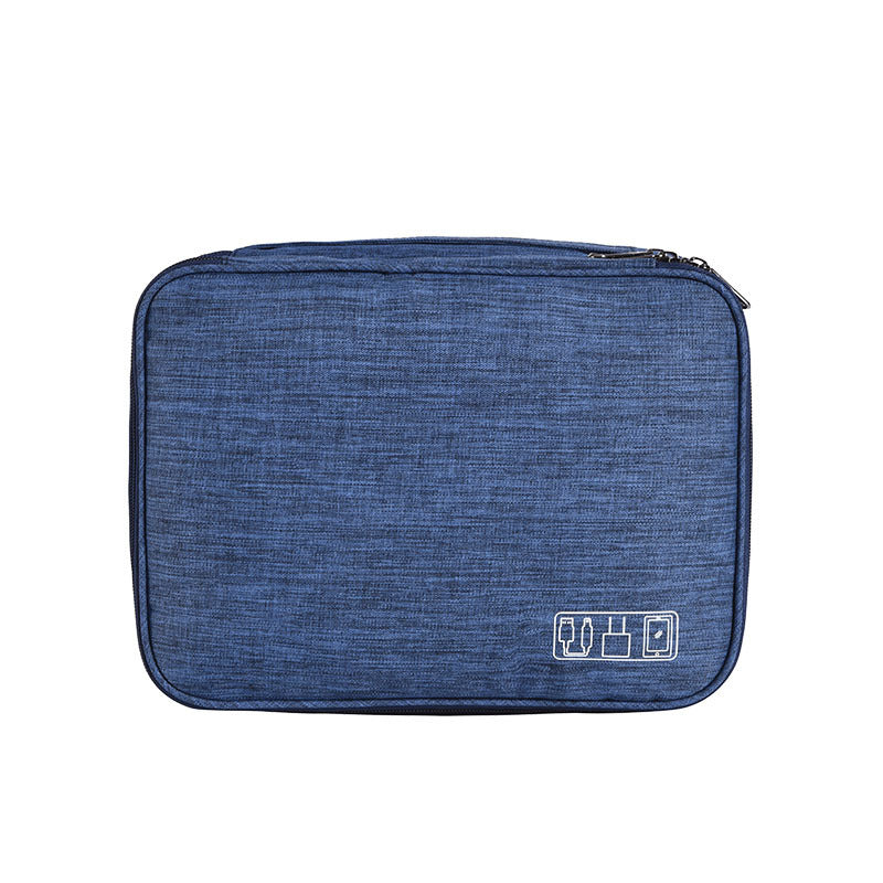 Blue cable organizer bag with zippered top and device icon patch