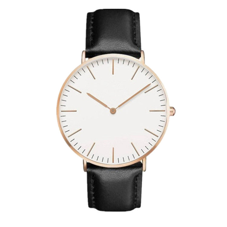 Quartz wristwatch with white dial, black leather strap, rose-gold case