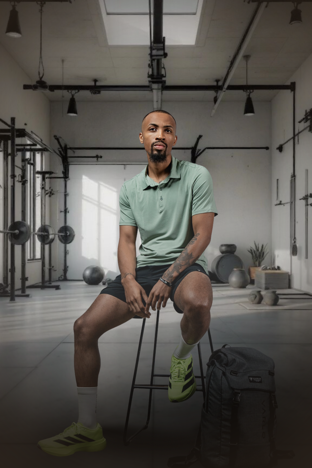 Men's low-light olive polo shirt with collar and short sleeves, worn with dark shorts.