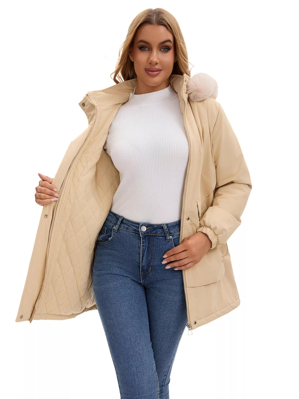 Khaki fur-trim hooded parka with front snap pockets and quilted inner layer