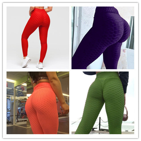 Scrunch anti-cellulite leggings in red, purple, orange, and green; no pocket.