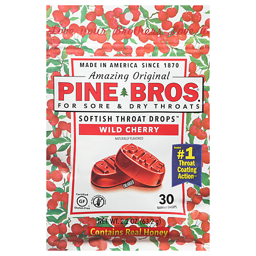 Pine Bros Softish throat drops in Wild Cherry box with cherry pattern and honey note