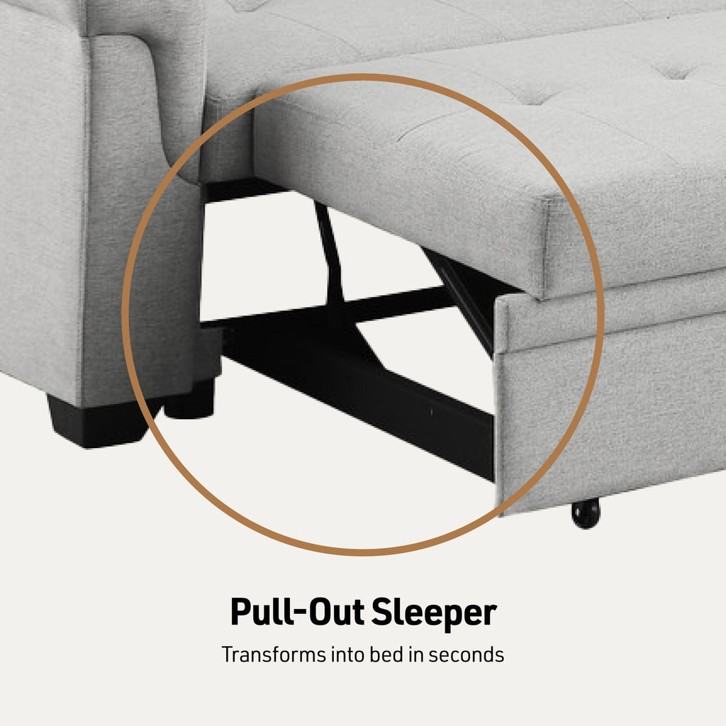Light gray pull-out sleeper mechanism under the sectional seat