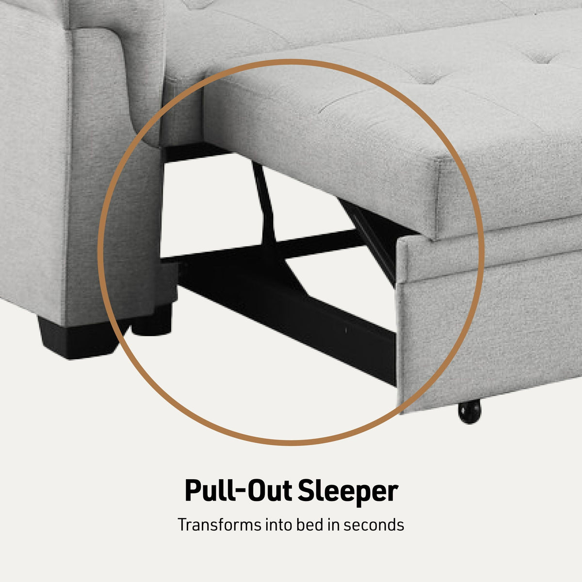 Light gray pull-out sleeper mechanism under the sectional seat