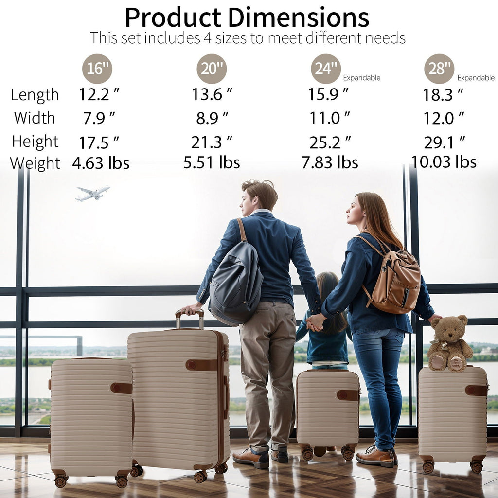Four hard-shell suitcases with telescoping handles behind two travelers indoors