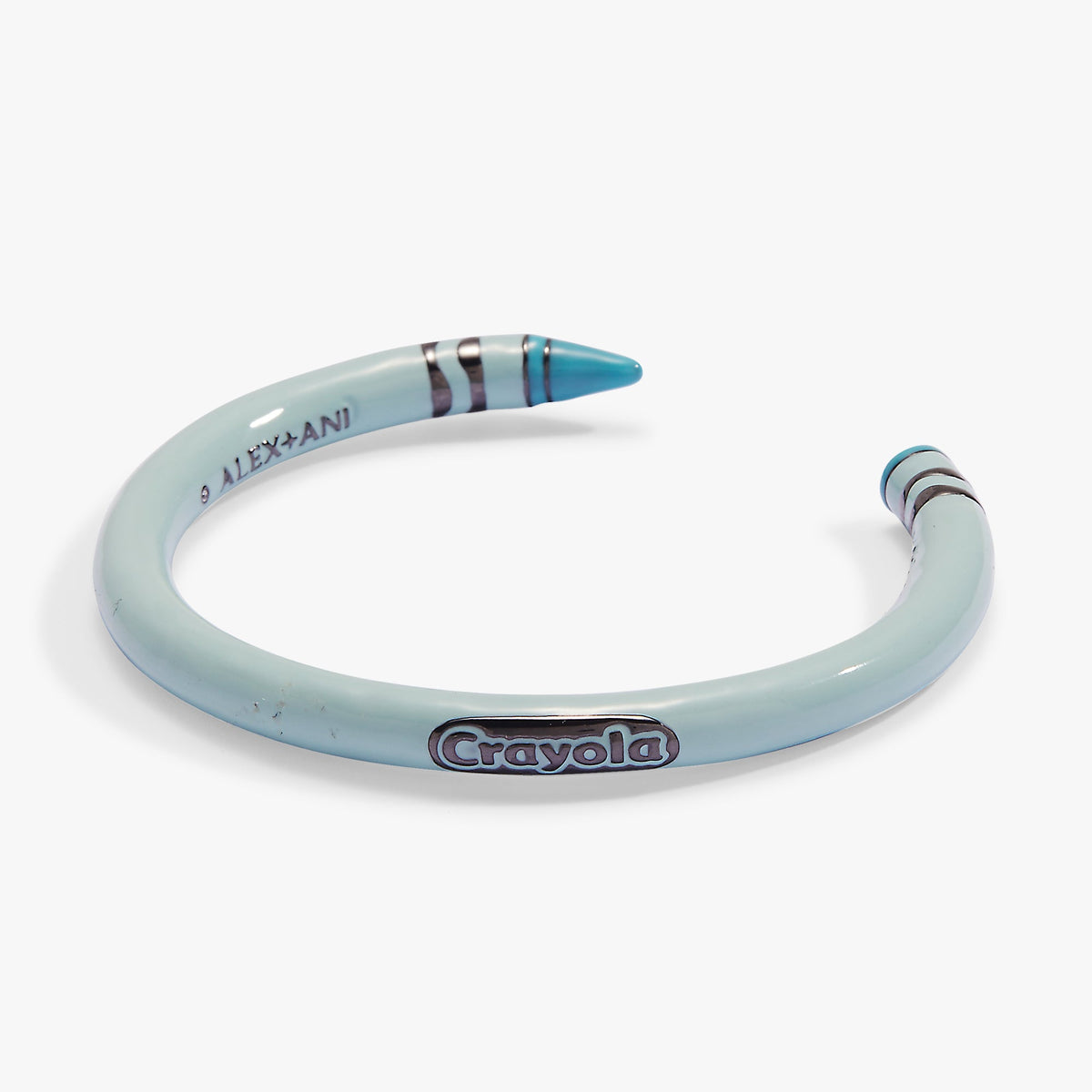 Robin's egg blue Crayola crayon cuff bracelet with striped ends and Crayola logo