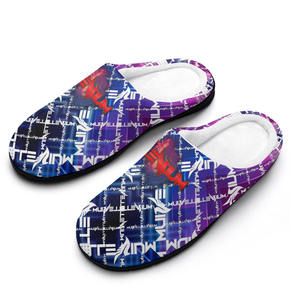 Cotton slipper pair with purple-blue abstract print, white inner lining, black non-slip sole