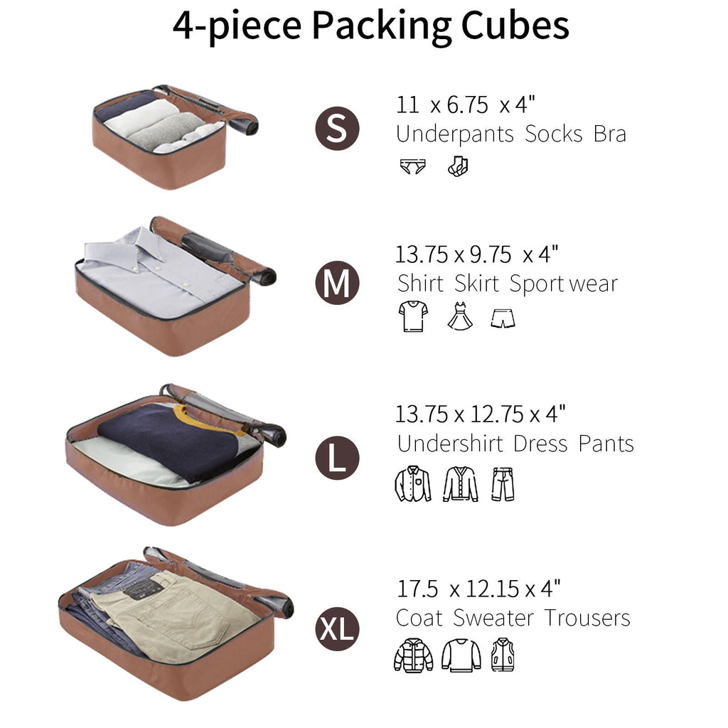 Four packing cubes for luggage set, sizes S, M, L, and XL shown