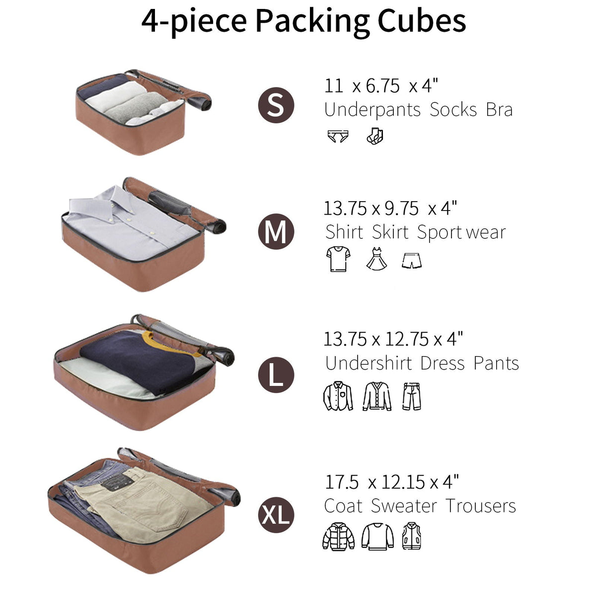 Four packing cubes for luggage set, sizes S, M, L, and XL shown