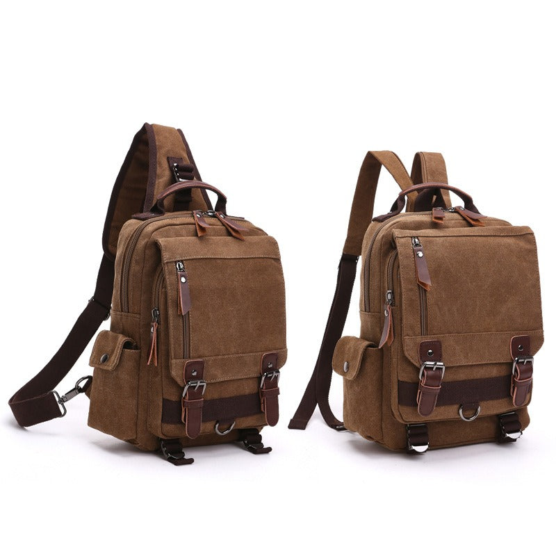 Brown canvas backpack set with top handle, front flap pocket, and crossbody strap
