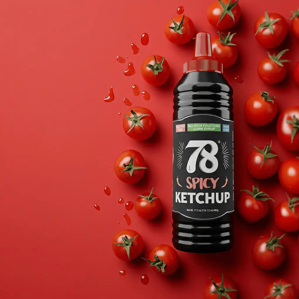 78 Spicy Ketchup squeeze bottle with tomatoes and chili peppers around