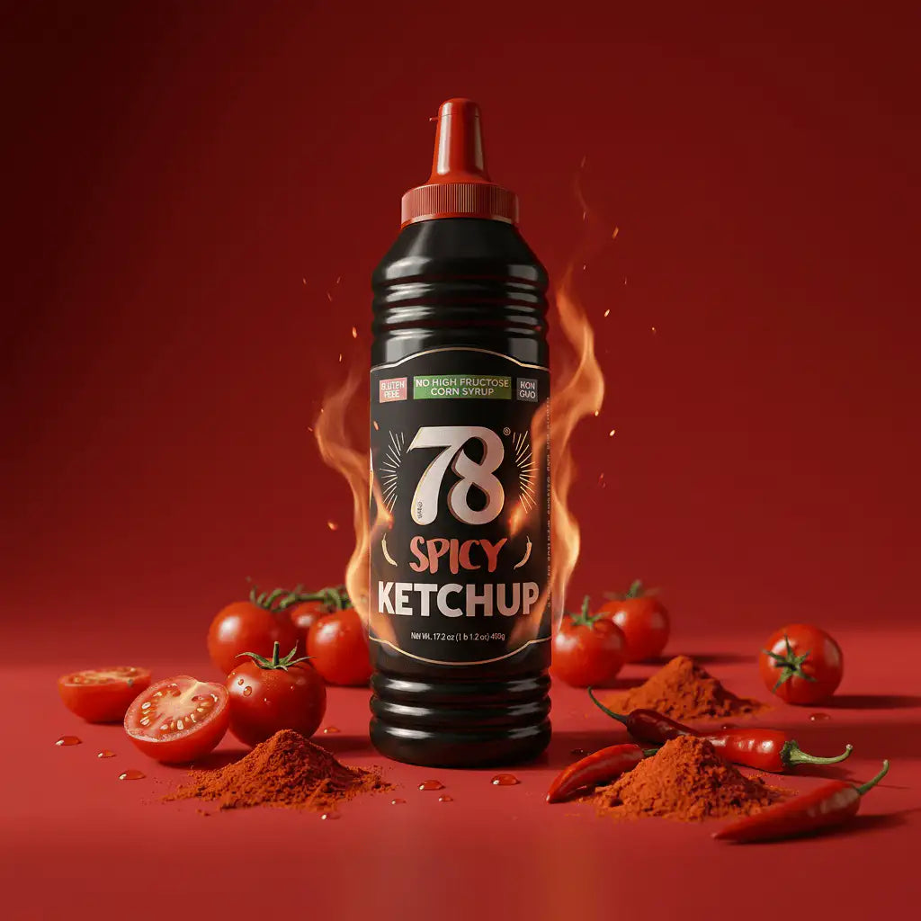 78 Spicy Ketchup squeeze bottle with flames and chopped tomatoes