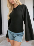 Black long-sleeve fitted t-shirt with crew neck and wide bell sleeves