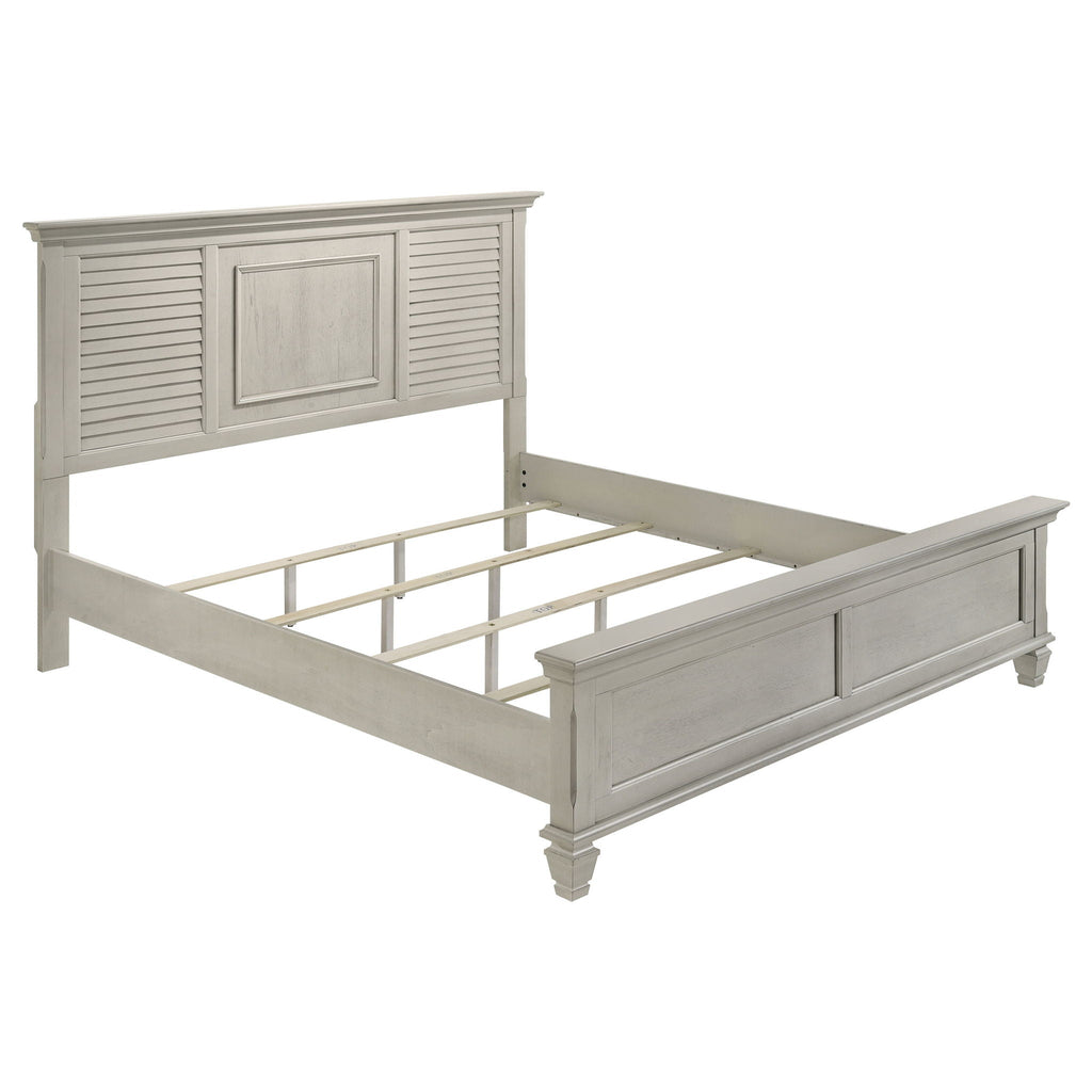 Distressed white king bed frame with slatted base and side rails