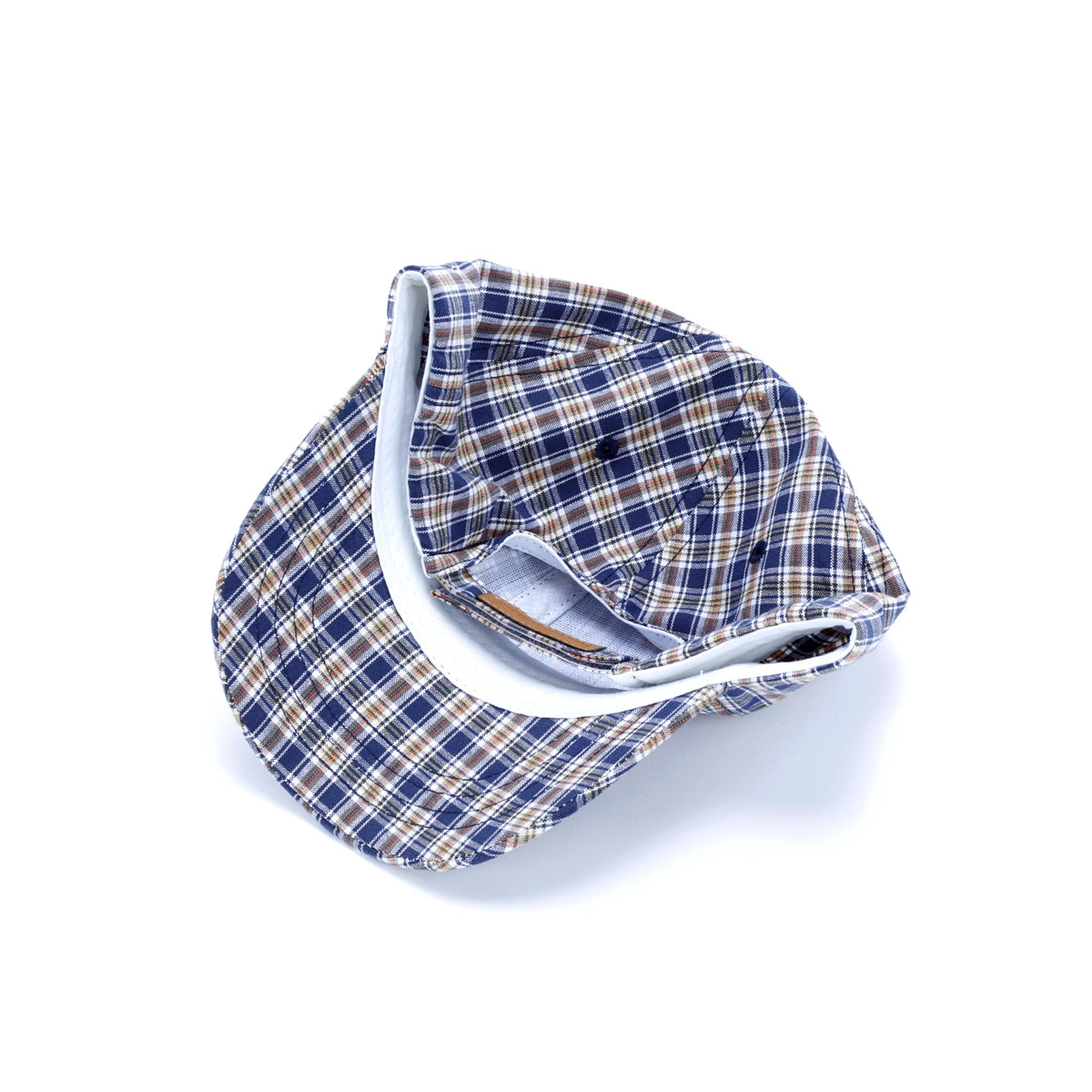 Kids blue plaid baseball cap with inside label and adjustable strap