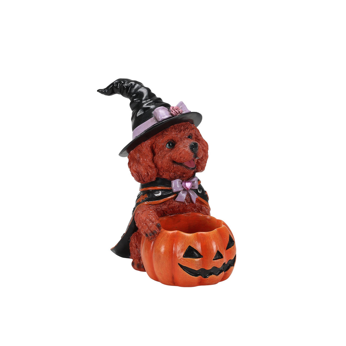 Angled view of a brown dog witch figurine holding a pumpkin bowl
