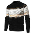 Men's printed round-neck sweater, black; front view with white and gold knit pattern