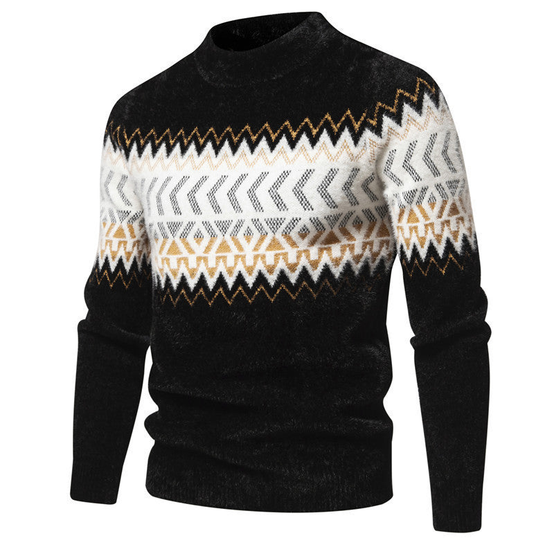 Men's printed round-neck sweater, black; front view with white and gold knit pattern