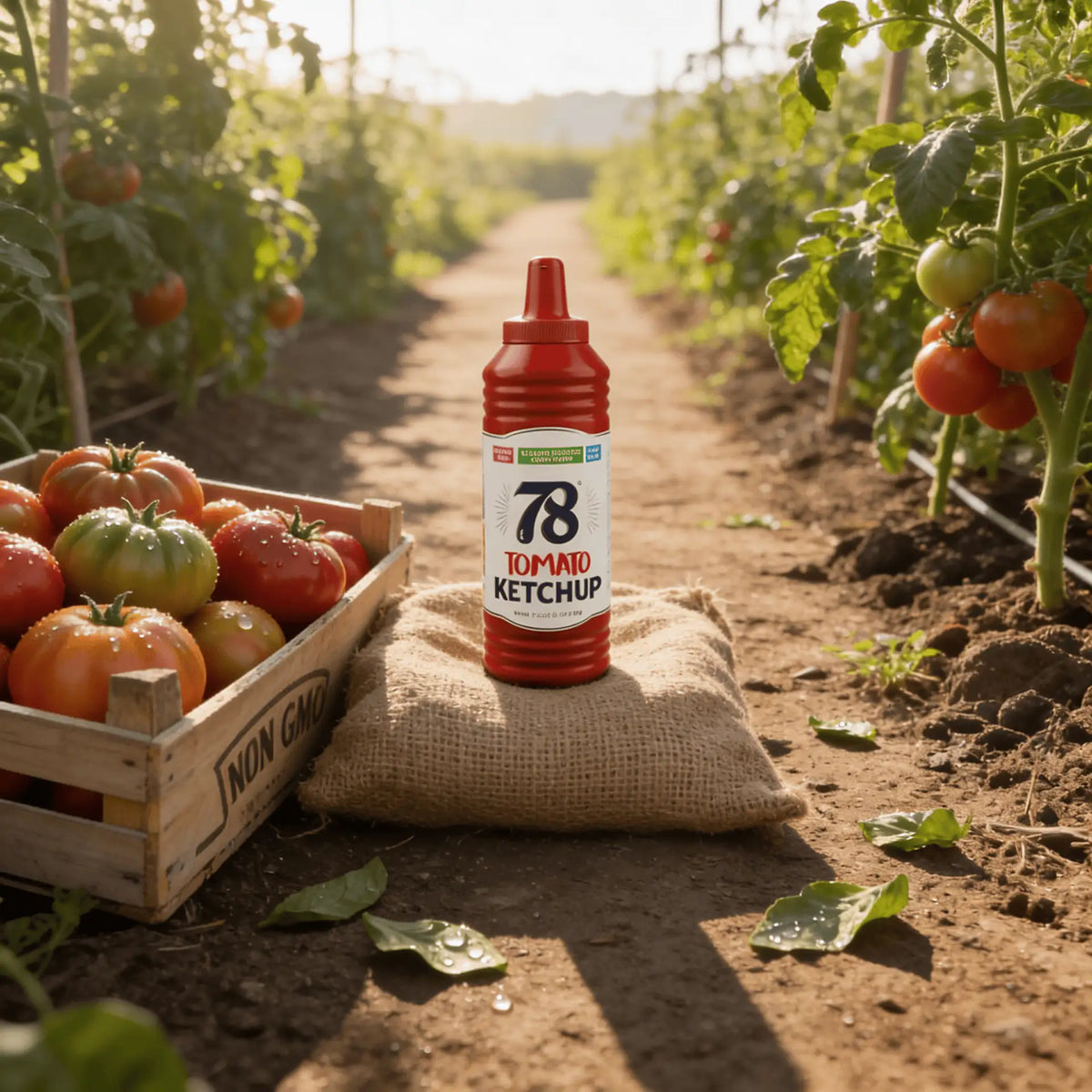Tomato ketchup bottle on burlap sack in a garden with cherry tomatoes in crates