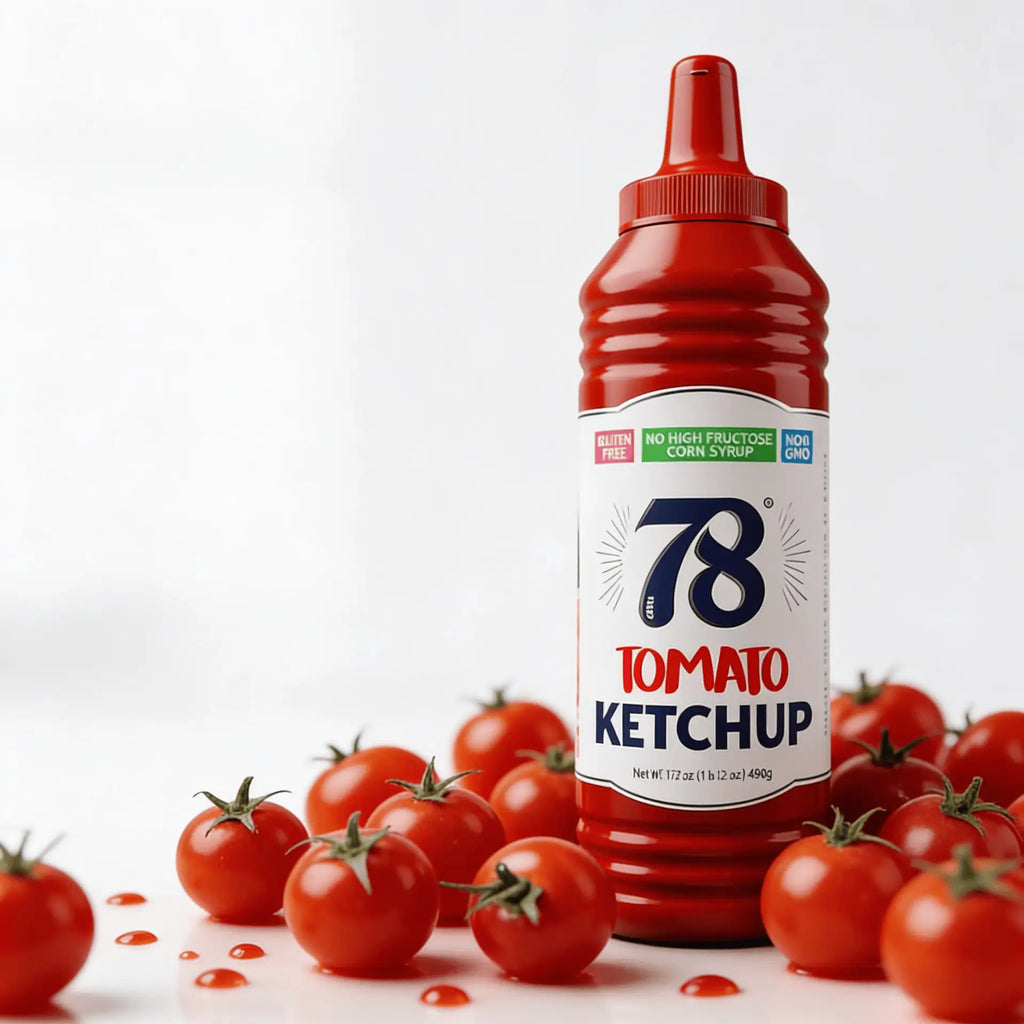 Tomato ketchup bottle with red cap and cherry tomatoes near the bottle base