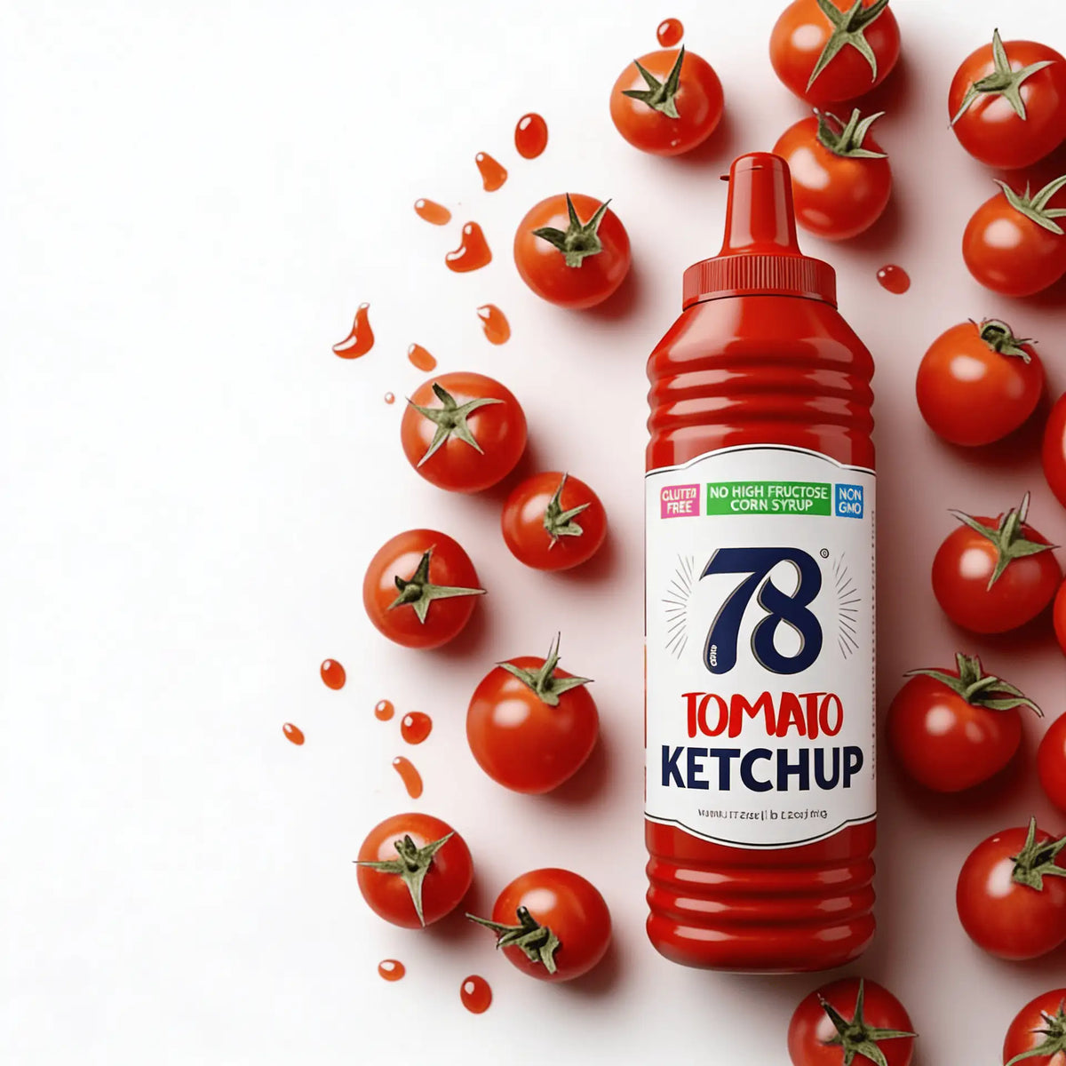 Tomato ketchup bottle with red cap and scattered cherry tomatoes on a light background