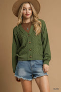 Olive cable-knit V-neck button-up cardigan with chunky knit texture.