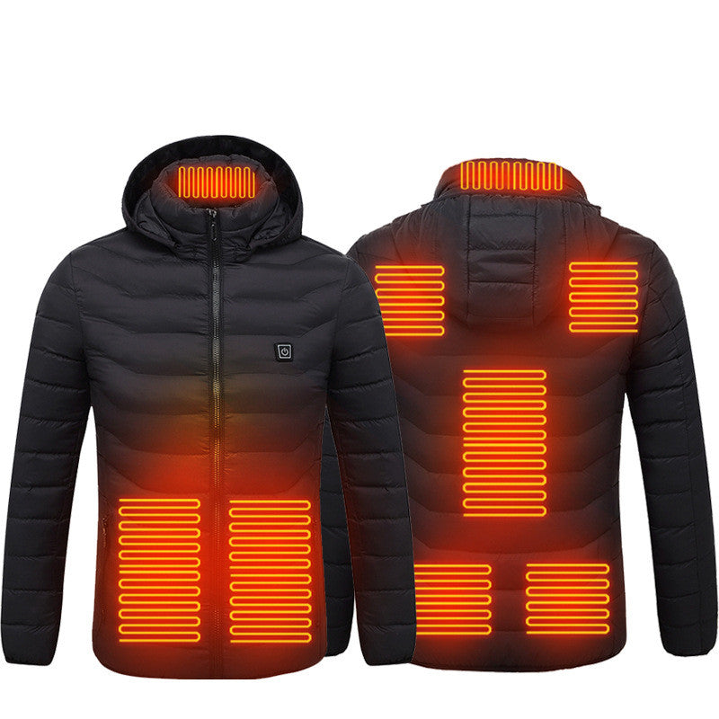 Men heated puffer jacket in black, front and back views with glowing heating zones