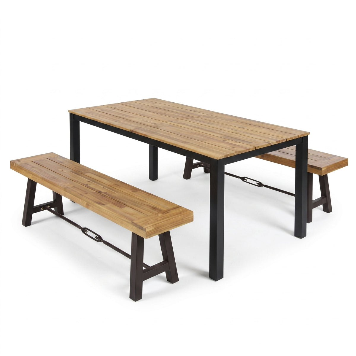 Acacia wood rectangular patio dining table with two benches, dark frame, light wood slats.
