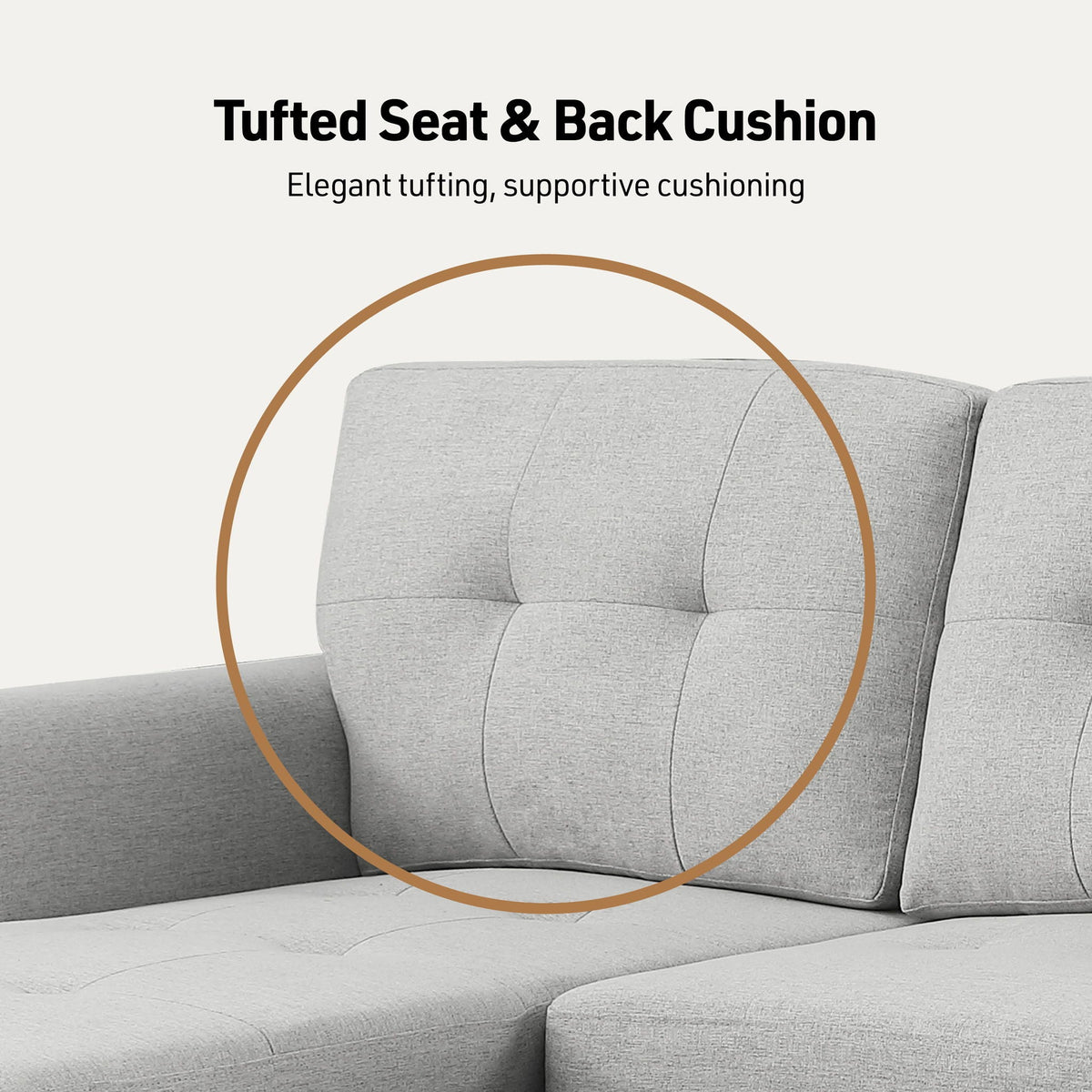 Light gray tufted seat and back cushion with stitched paneling