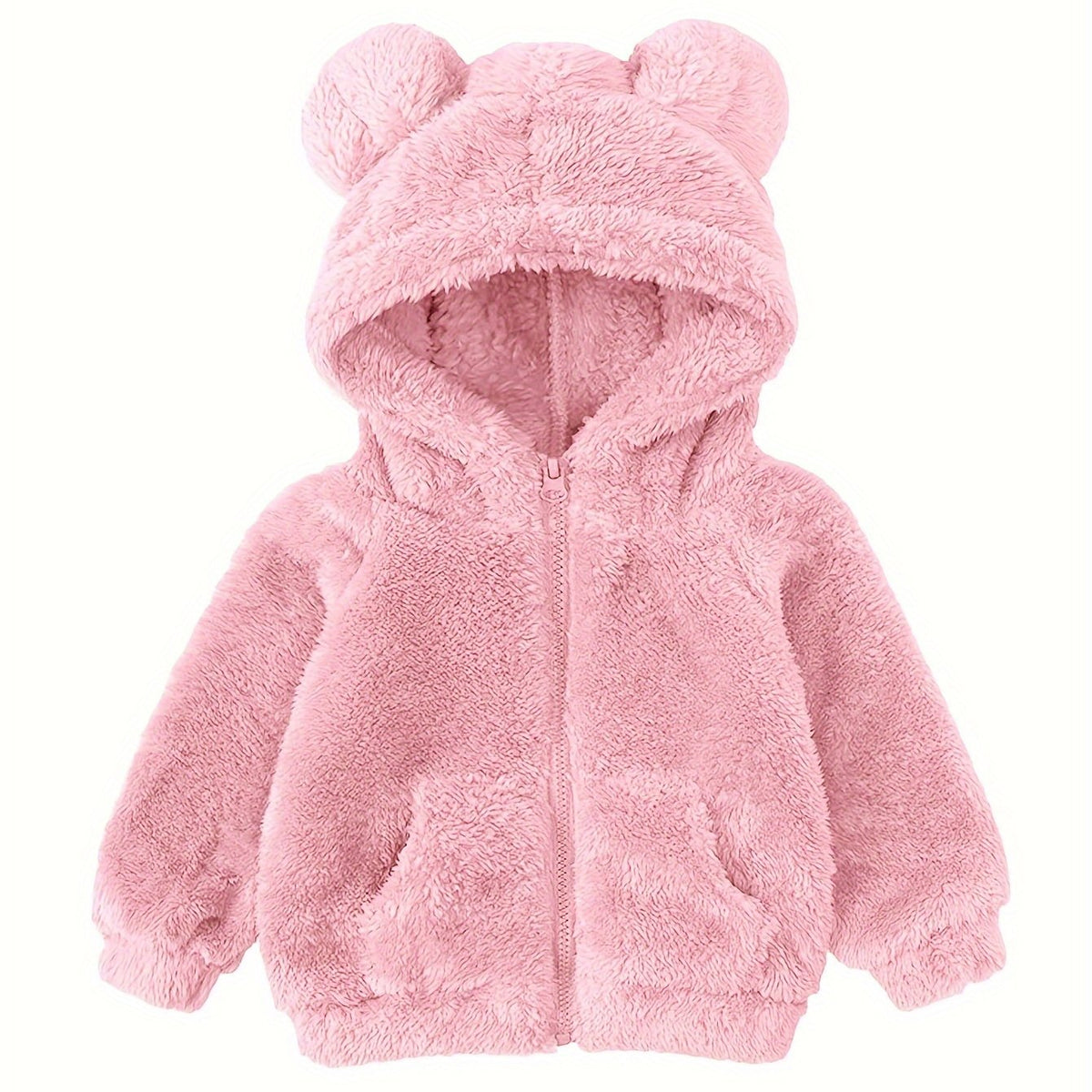 Pink fuzzy hooded baby jacket with ear hood and front zip