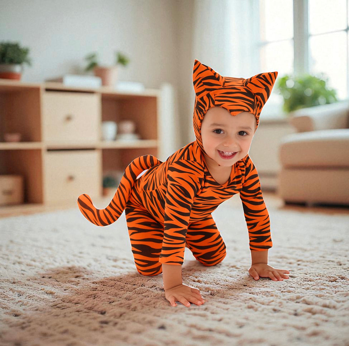 Orange tiger-print hooded jumpsuit with tail, baby crawling on carpet